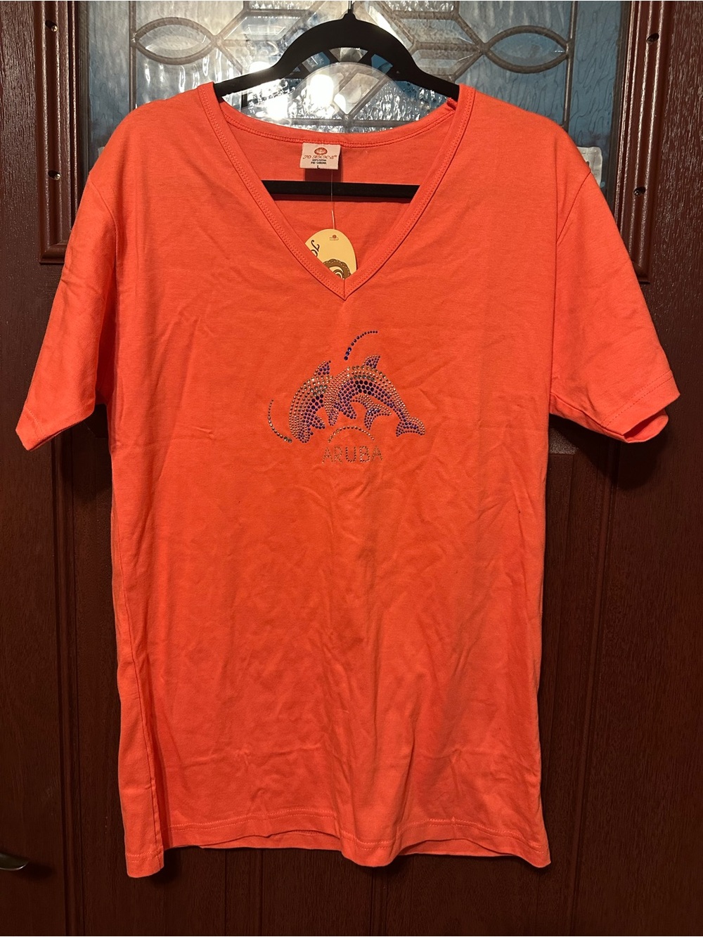 Orange V-Neck Aruba Cruise Shirt with Dolphin Detail